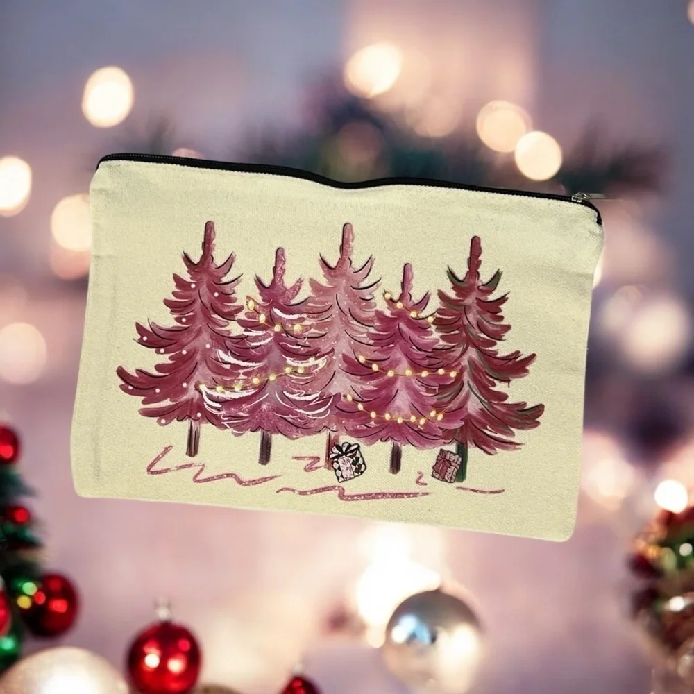 Pink Christmas Tree Makeup Travel Cosmetic Bag